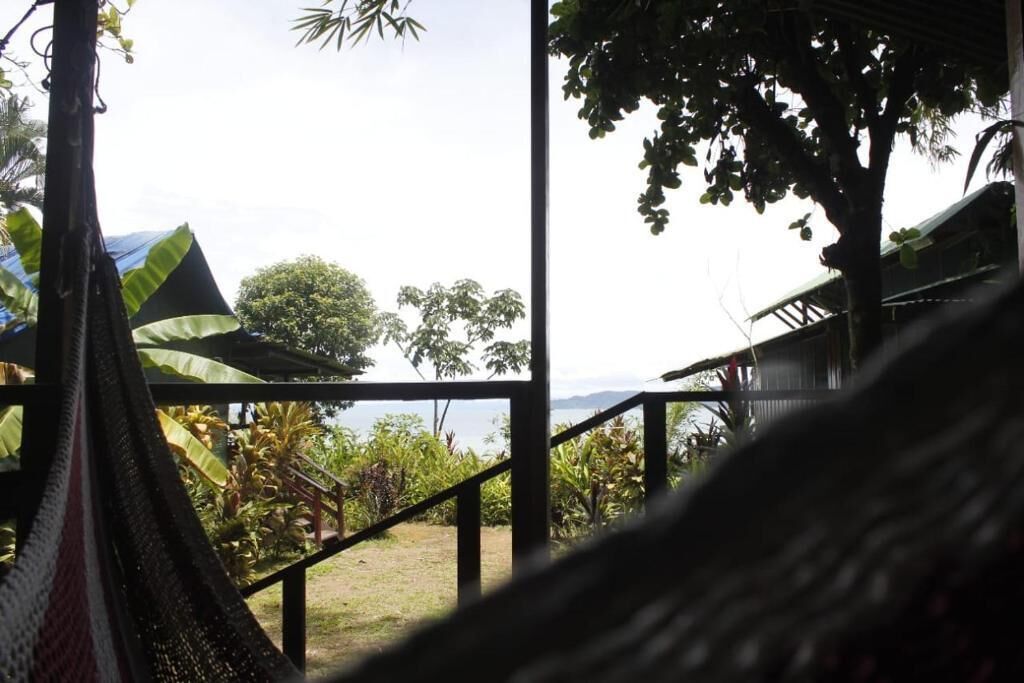A hammock in a room with a view of a garden and a building in the background.
