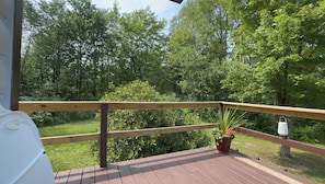 A wooden deck with a railing, surrounded by lush greenery and trees.