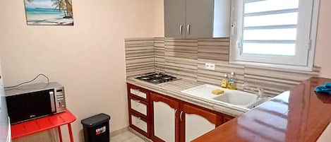 A compact kitchen with a gas stove, a microwave, and a small trash bin.