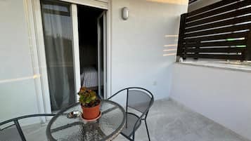 A glass-top table with a potted plant, two chairs, and a sliding glass door leading to an interior space.