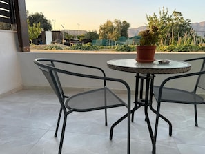 Une terrasse avec deux chaises en métal et une table, un pot de fleurs, et une vue sur un jardin et des montagnes en arrière-plan.