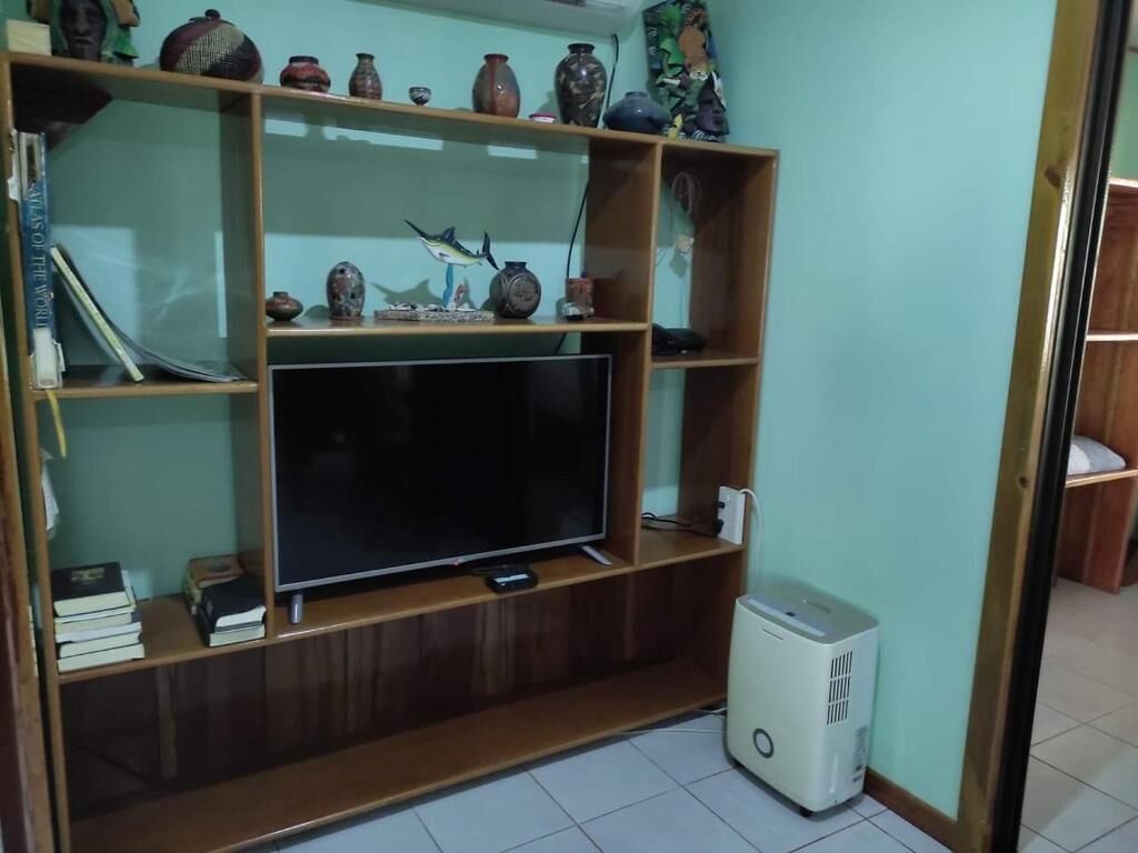 A living room with a flat-screen TV on a wooden stand, surrounded by shelves with decorative items and books.