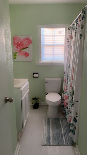 Een kleine badkamer met toilet, een wastafel, een raam met zonwering, een douchegordijn en een schilderij van roze bloemen aan de muur.