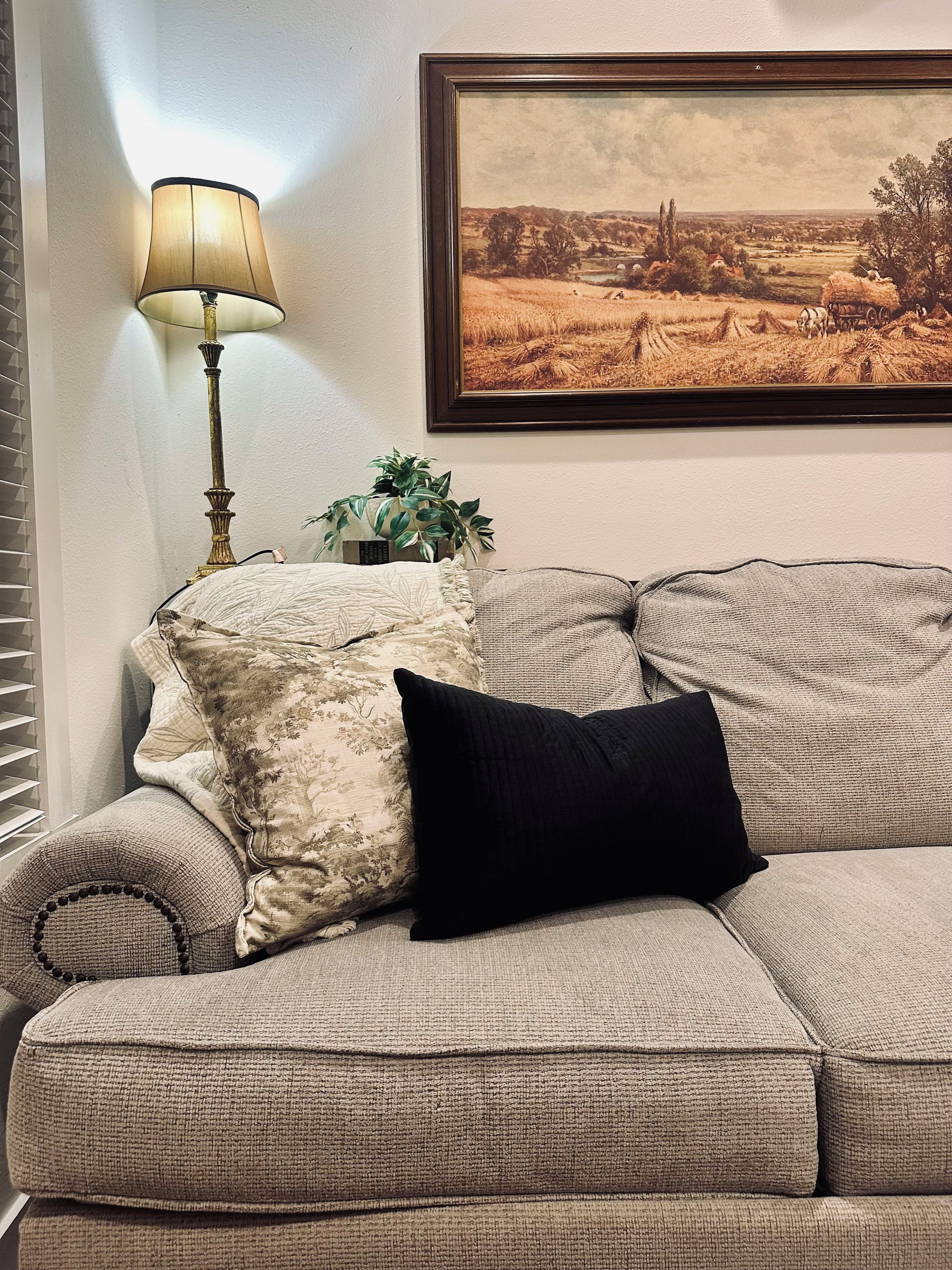 A living room with a beige sofa, a black pillow, a lamp, and a framed landscape painting on the wall.