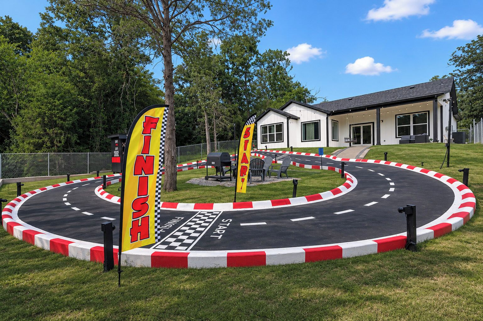 A racing track with a finish line and a start line, surrounded by grass and trees.
