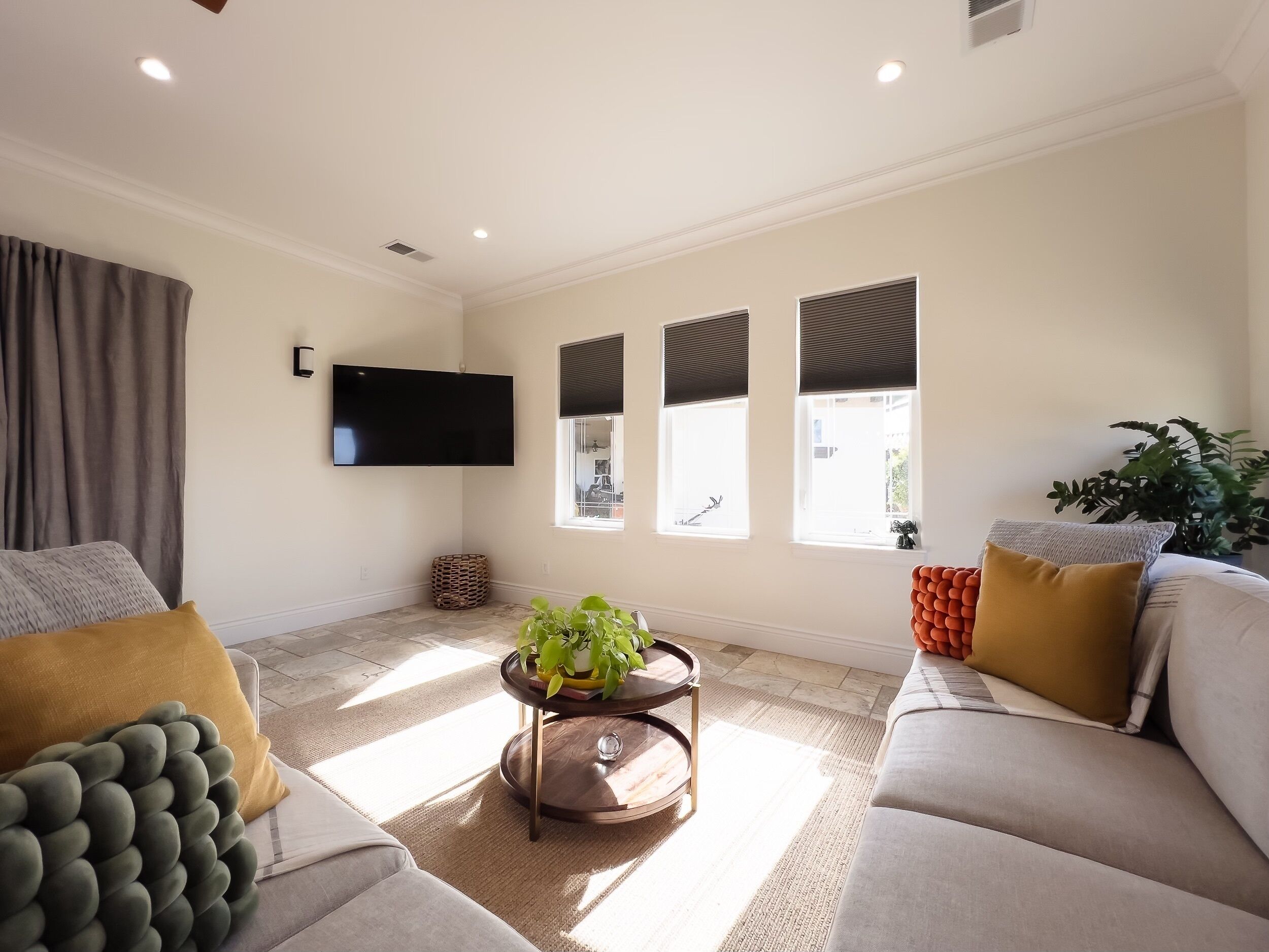 A living room with a flat-screen TV mounted on the wall, a sofa, a coffee table with a plant, and a window with blinds.