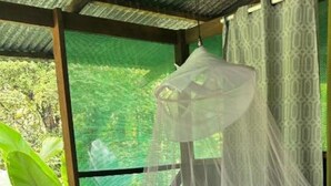 A single bed with a mosquito net, wooden frame, and a view of greenery through a mesh window. - Río Agujitas Rainforest Eco Lodge - Habitación Doble Estándar (Agujitas (Drake))