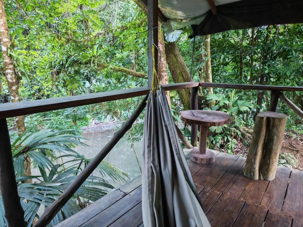A wooden deck with a hammock, a small round table, and a rustic bench, surrounded by dense tropical foliage.