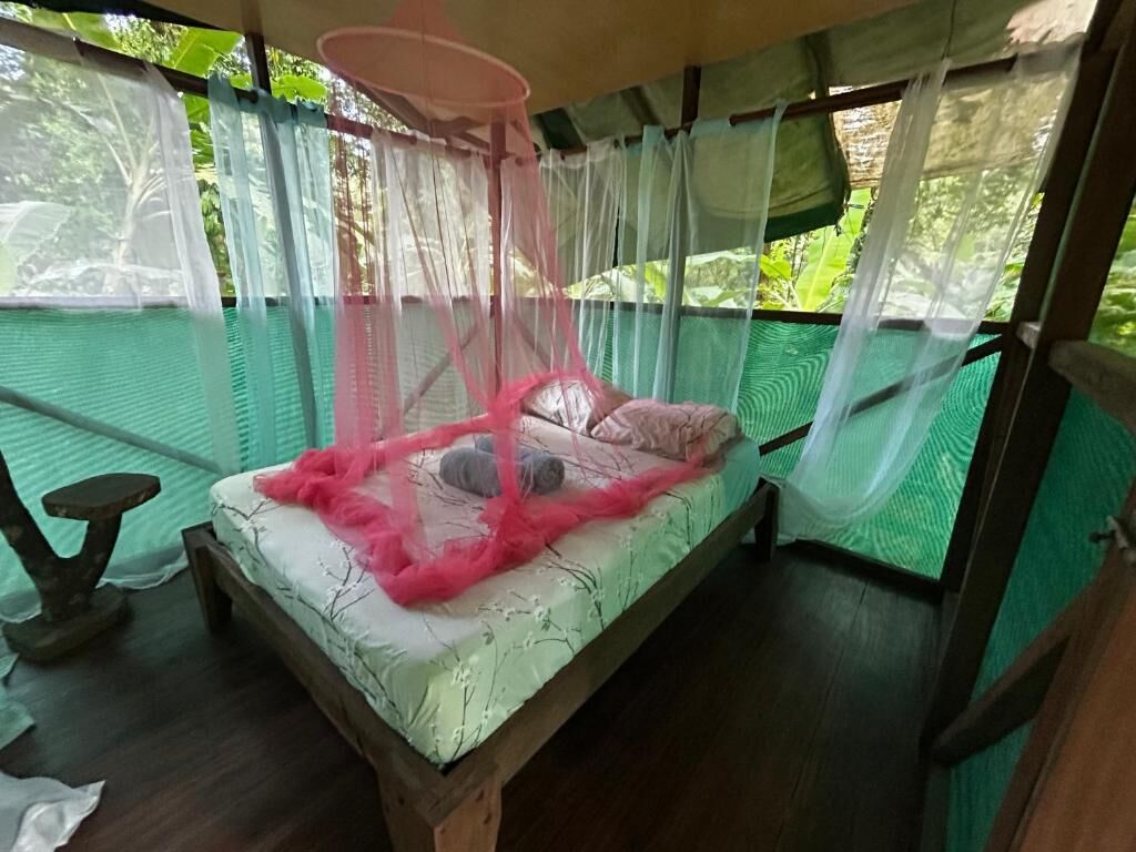 A bed with a canopy, a small table, and a view of greenery outside.