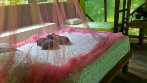 Una stanza con un letto ricoperto da un baldacchino rosa, un comodino con una ventola e una finestra vista verde.