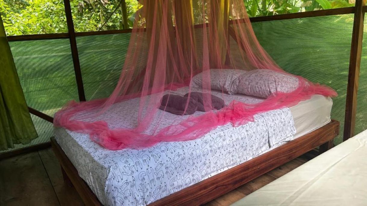 Un letto a baldacchino, con una coperta fantasia e cuscini.