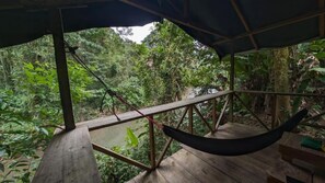 Une terrasse en bois avec un hamac, entourée d’une forêt dense.
