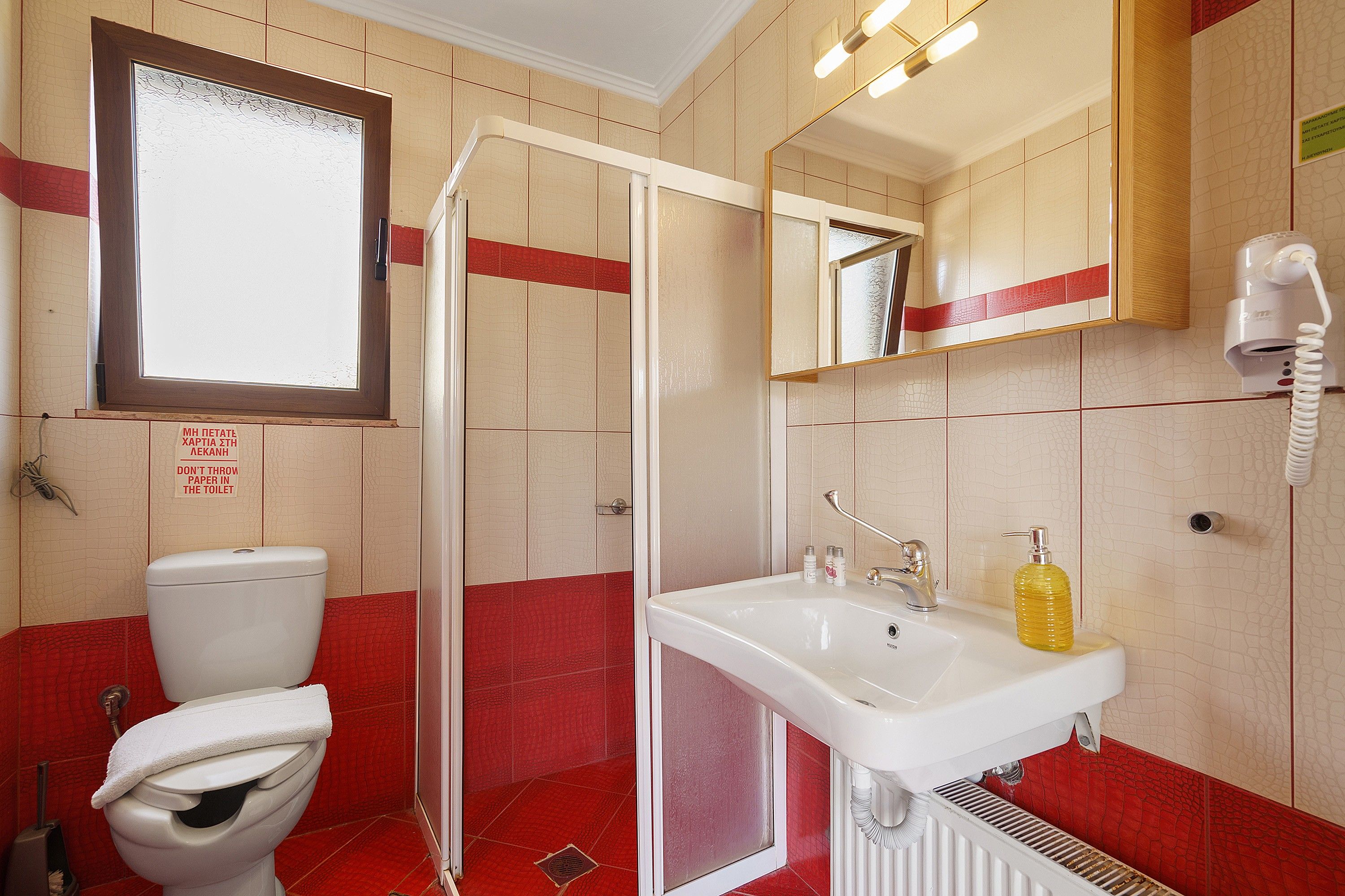 Ein Badezimmer mit Toilette, Waschbecken, Spiegel und Dusche.