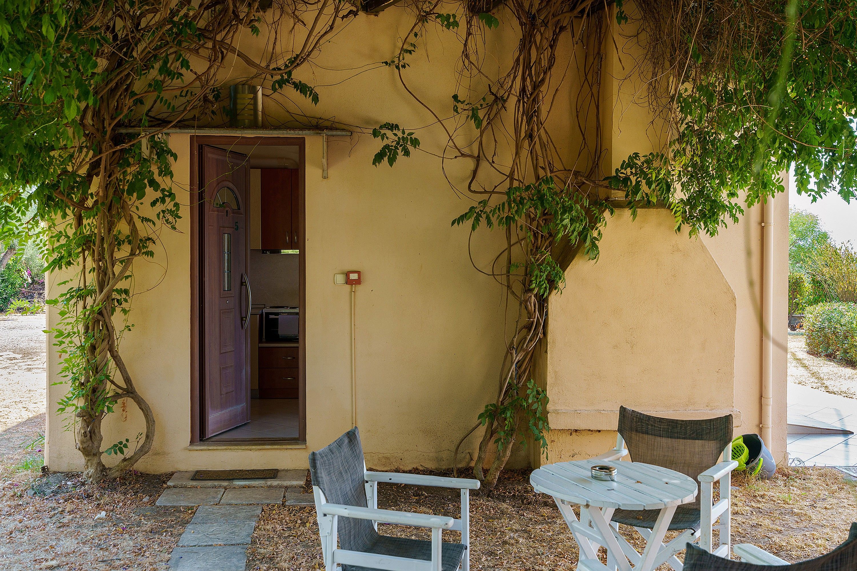A small outdoor seating area with a table and chairs, a door leading to an interior space, and a wall covered with climbing plants.