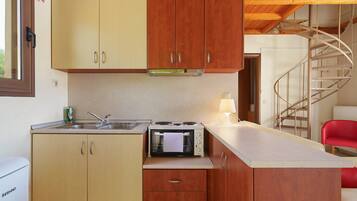 Une cuisine compacte avec des meubles en bois, un four à micro-ondes encastré et un petit plan de travail.