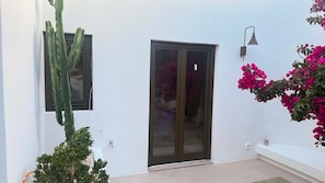 Un bâtiment moderne doté d’une porte coulissante en verre, d’un cactus et de fleurs de bougainvillier.