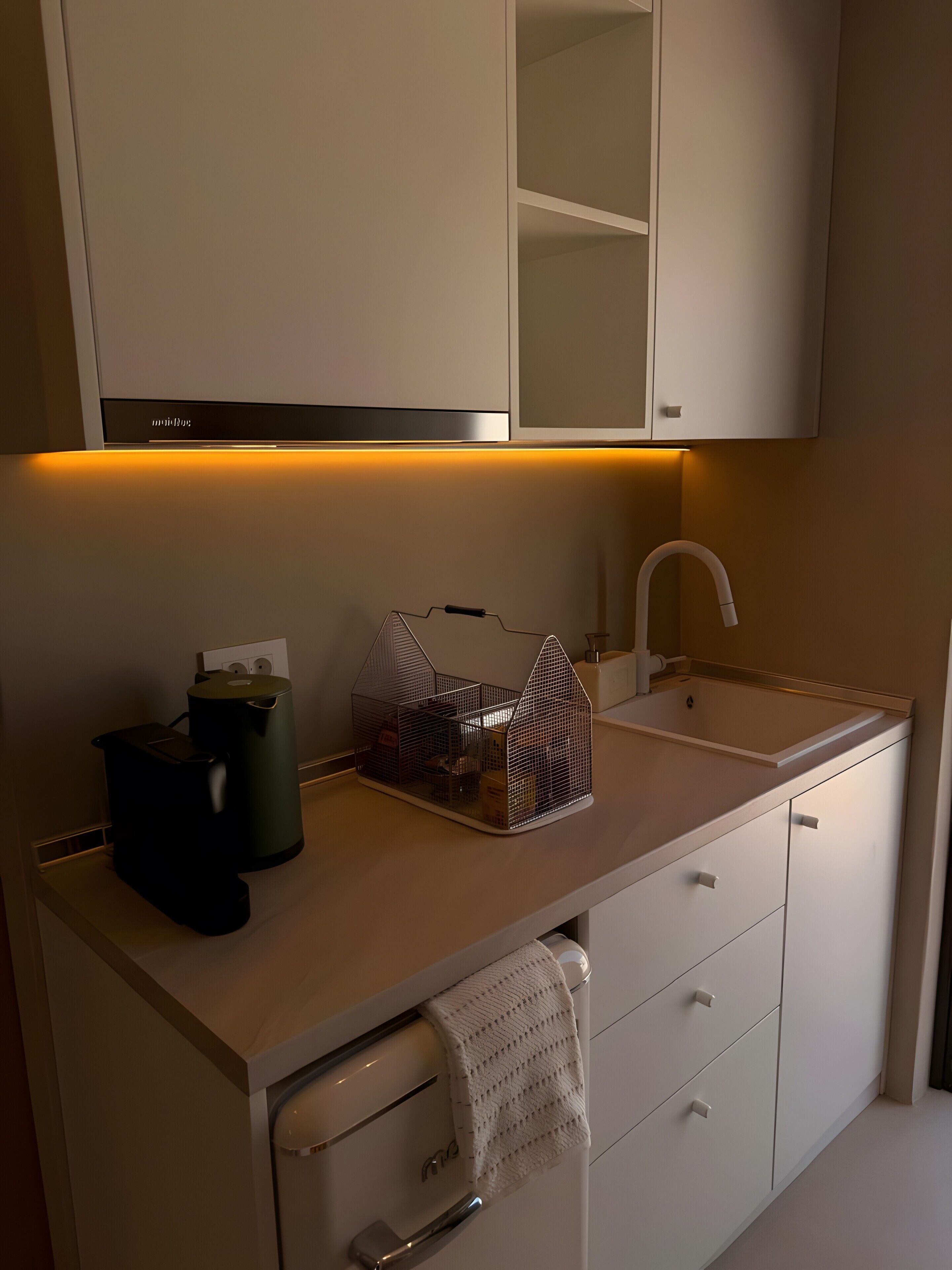 Une cuisine moderne dotée d’un plan de travail, d’un évier et de placards.