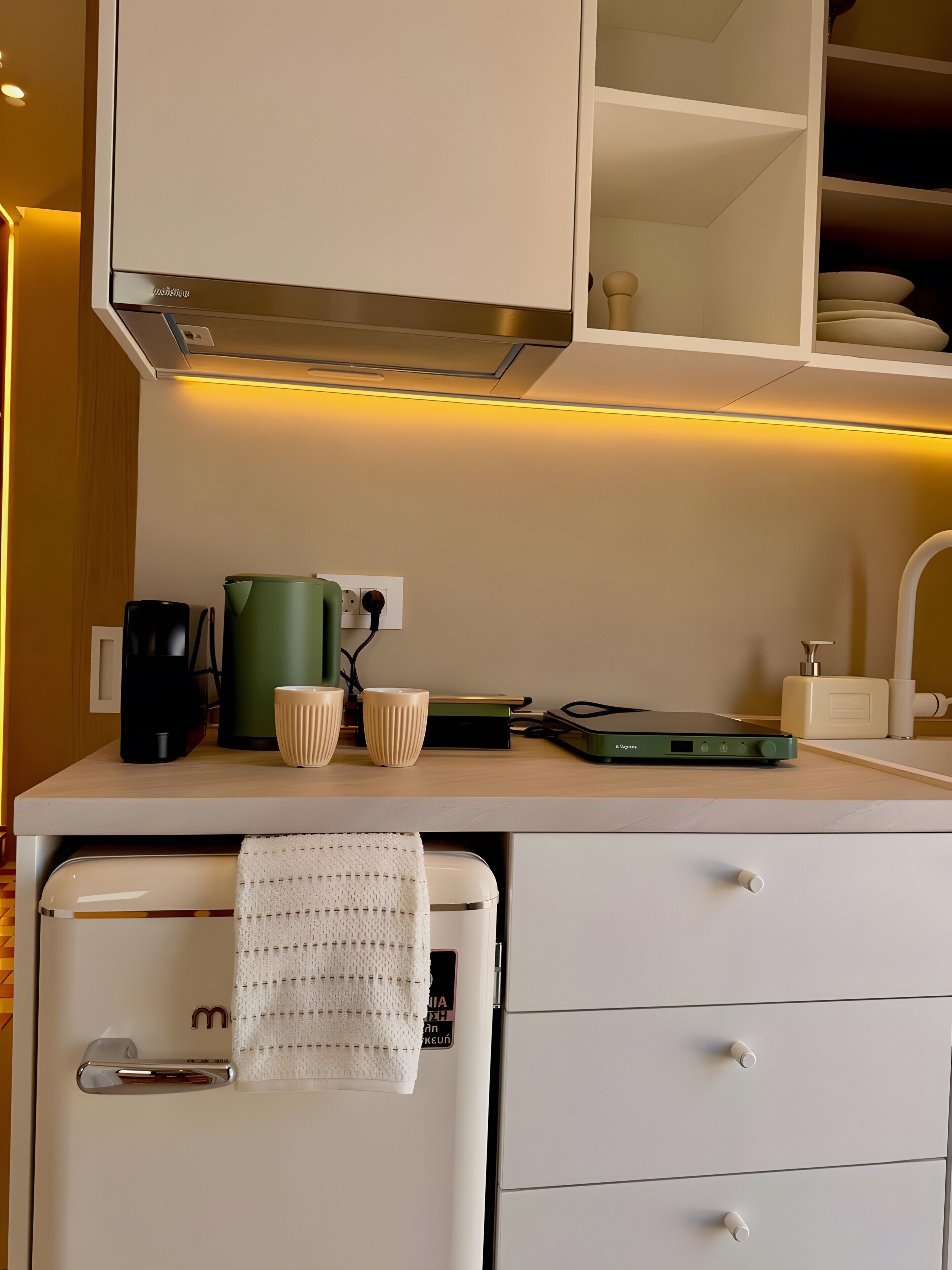 A kitchenette with a coffee maker, a kettle, and a portable charger on the counter.