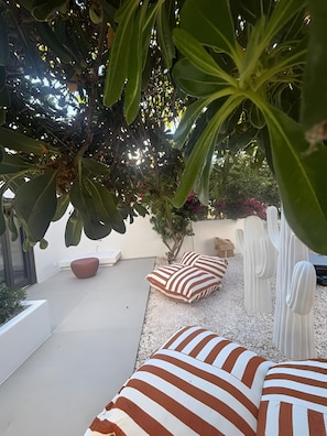 Eine Terrassenfläche mit Sitzgelegenheit, einem Kaktus und einem Baum, der Schatten spendet.