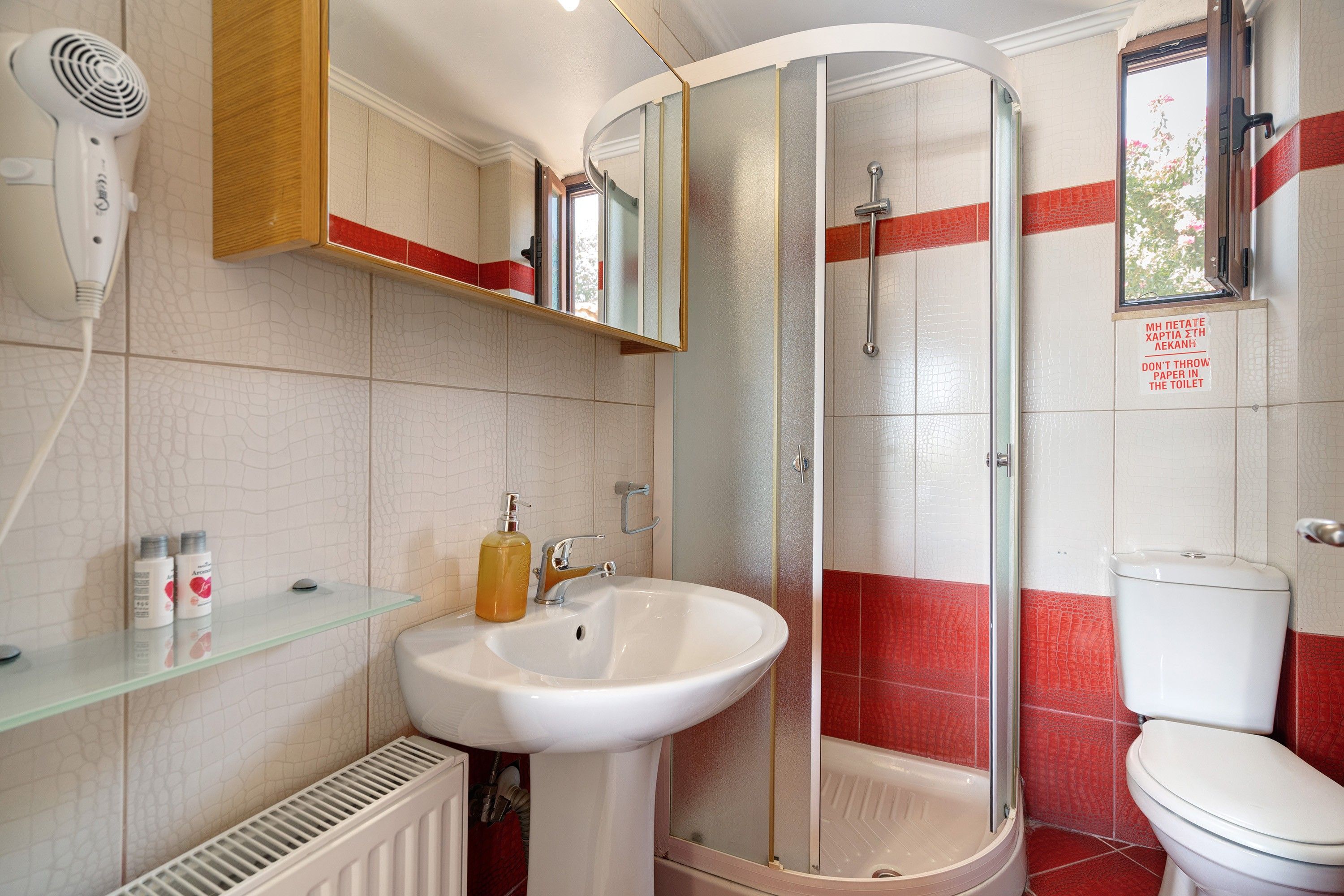 Ein Badezimmer mit einem weißen Waschbecken, einer Duschkabine aus Glas und einer Toilette.