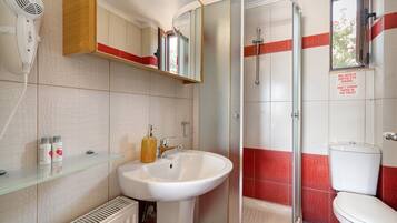 Ein Badezimmer mit einem weißen Waschbecken, einer Duschkabine aus Glas und einer Toilette.