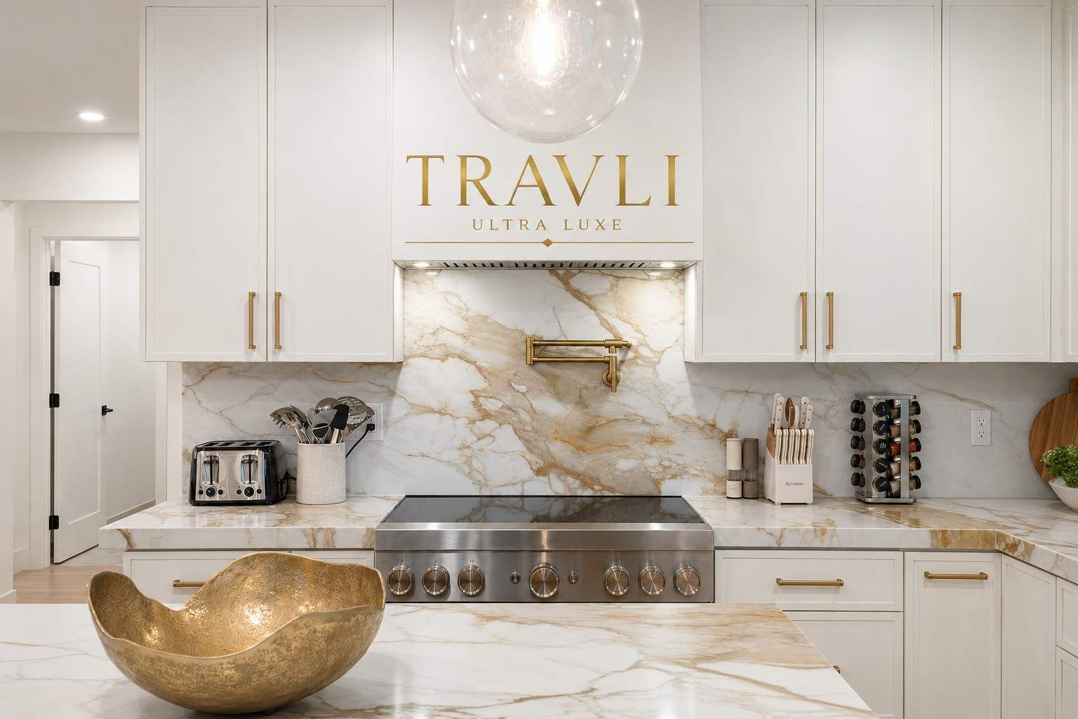 A kitchen with white cabinets, a marble backsplash, a stainless steel stove, and a gold bowl on the counter.