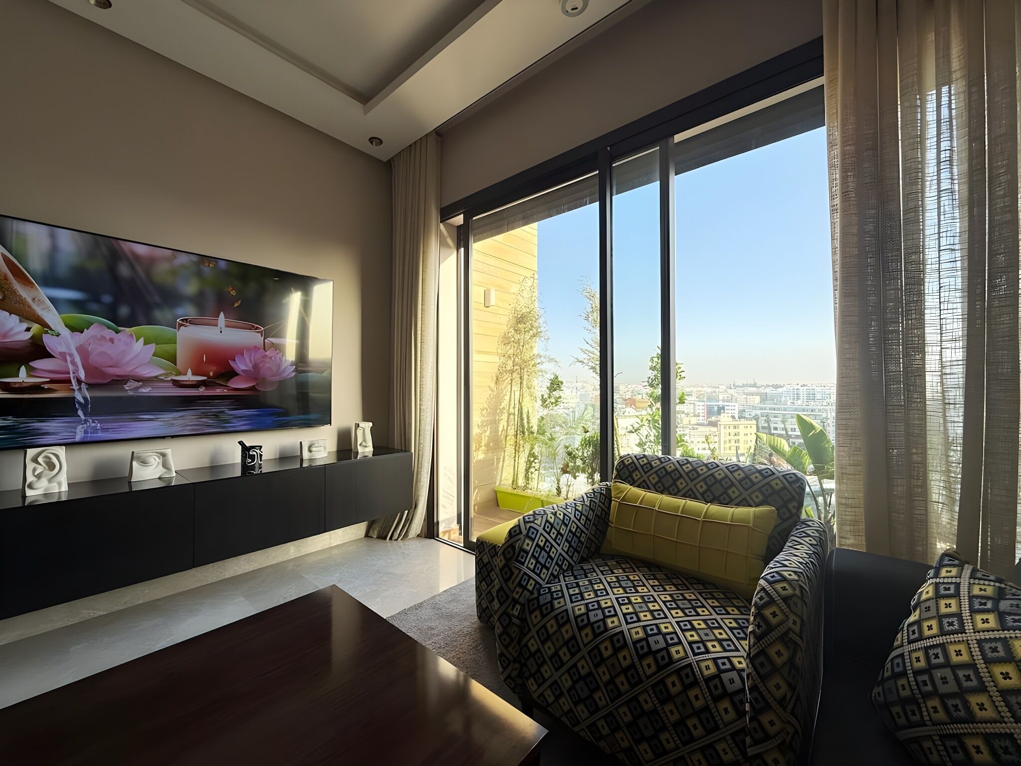 Ein modernes Wohnzimmer mit einem großen Flachbildfernseher, einer Couch mit gemusterten Kissen und Blick auf eine Stadtkulisse durch große Fenster.