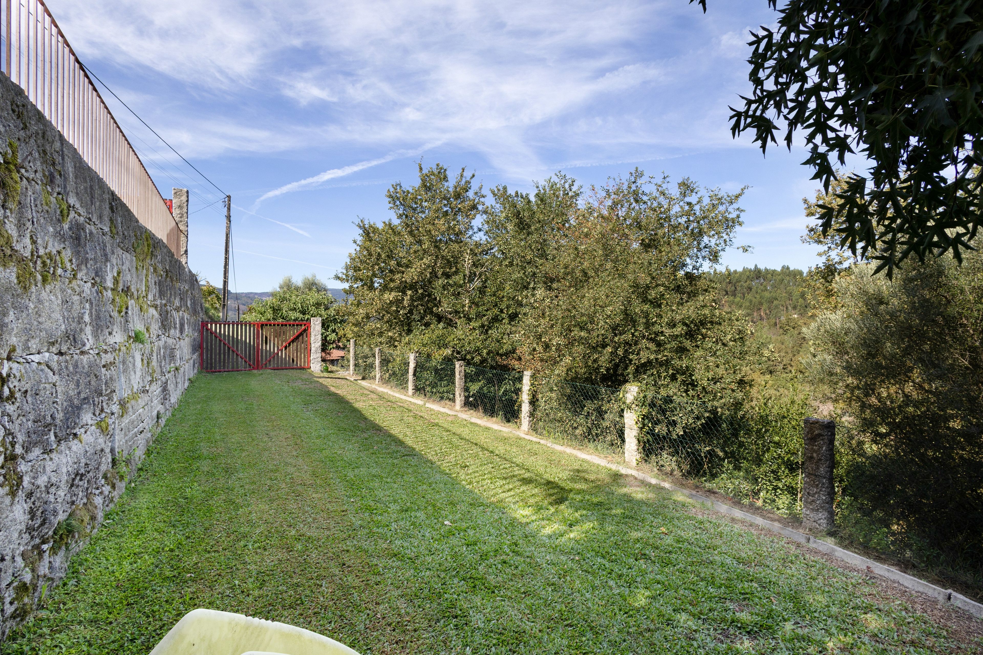 A grassy yard with a stone wall, a wooden fence, and trees.