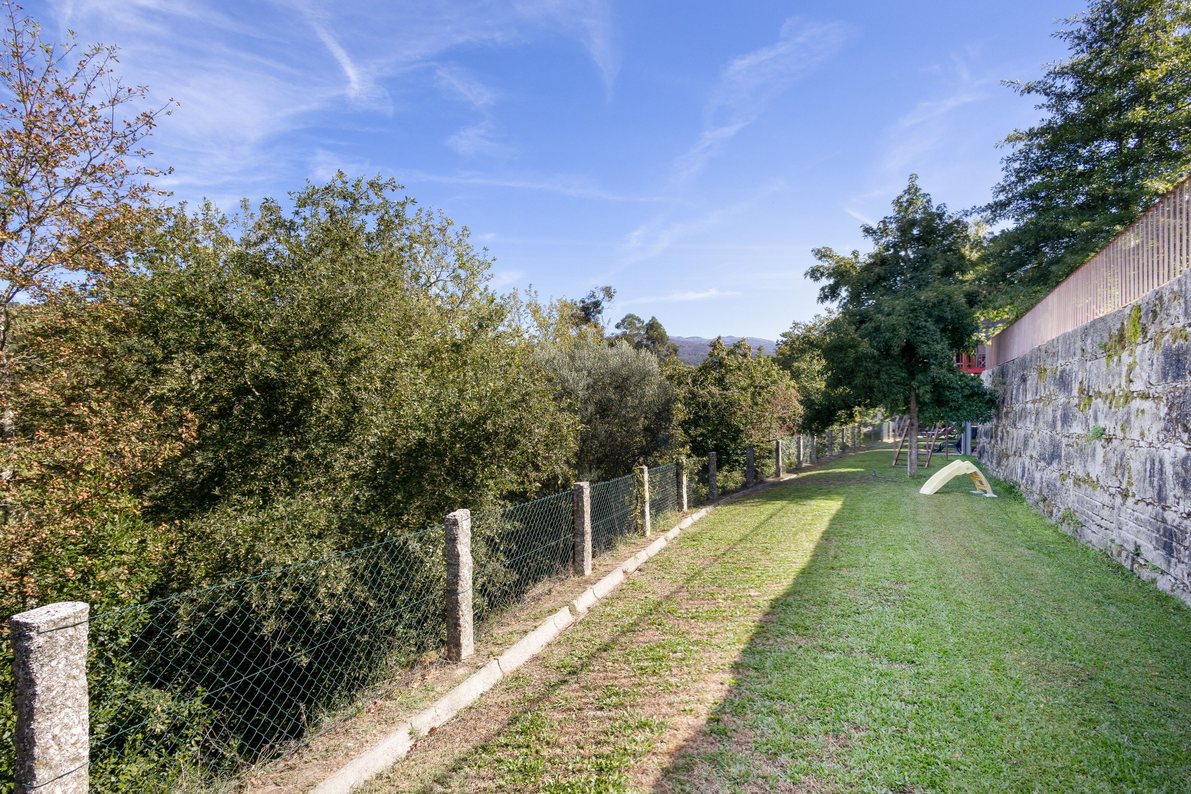 Un espace extérieur clos, avec un sentier herbeux, des arbres et un mur en pierre.