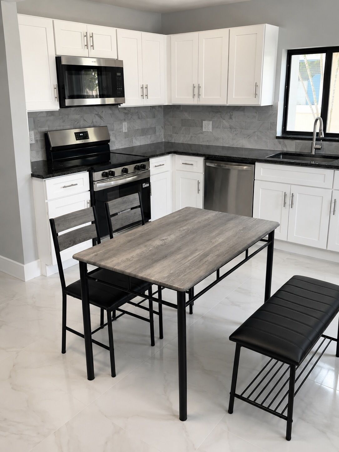 A modern kitchen with white cabinets, a stainless steel oven, a microwave, and a dishwasher.