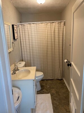A bathroom with a toilet, sink, and shower curtain. - Cozy Upstairs 2BR Apartment Near Hospitals & Charleston (Saint Albans)