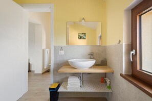 Une salle de bain moderne avec un grand lavabo blanc, un miroir et un meuble-lavabo en bois.