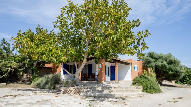 A building with a stone staircase leading to a door, surrounded by greenery. - Casa Rita in Formentera with Sea Views (Sant Ferran de ses Roques)