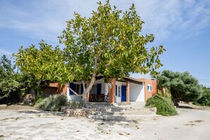 Un edificio con una scala in pietra che conduce a una porta, circondato dal verde.