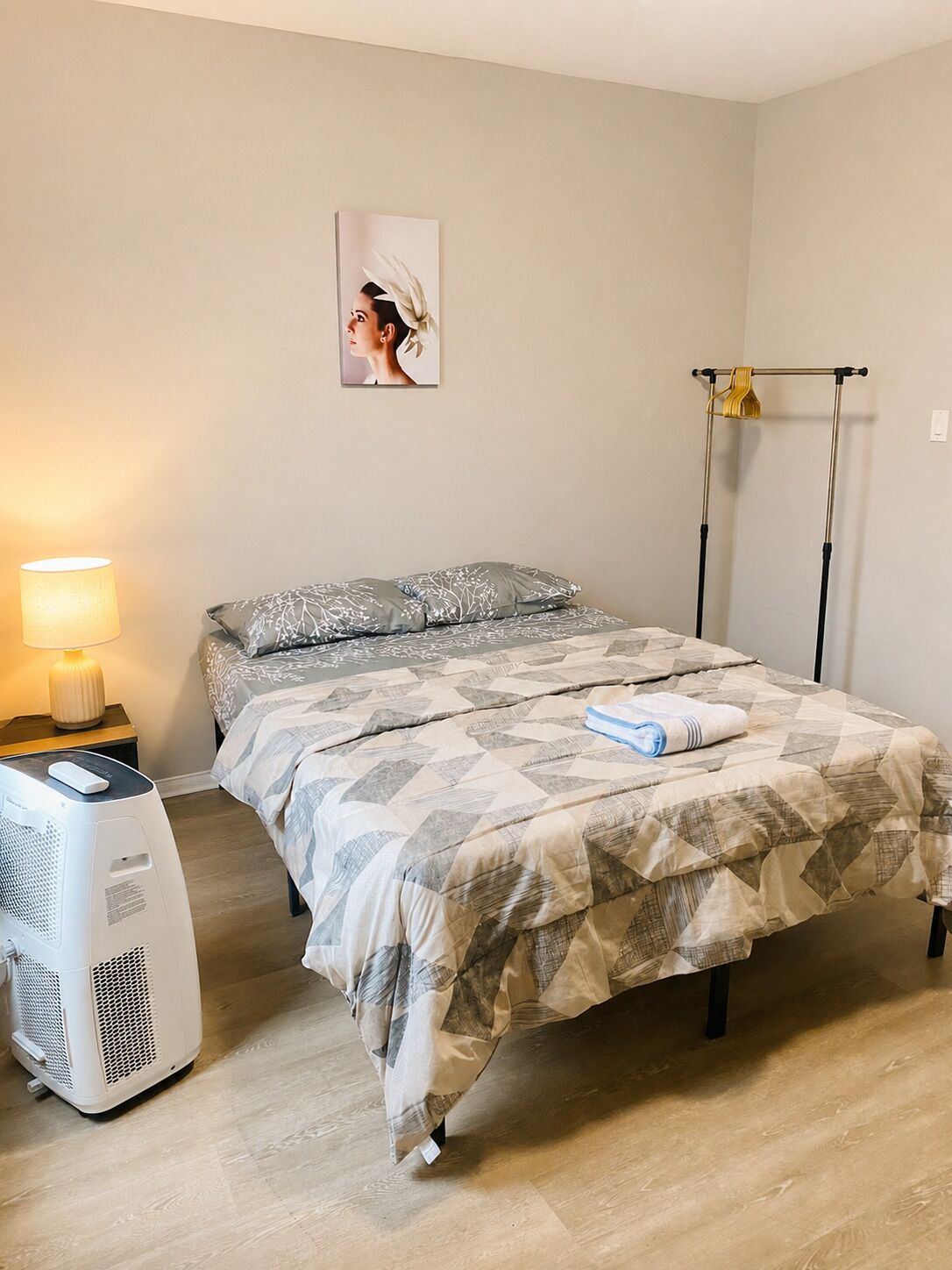 A bedroom with a bed, a standing heater, a bedside lamp, and a picture on the wall.