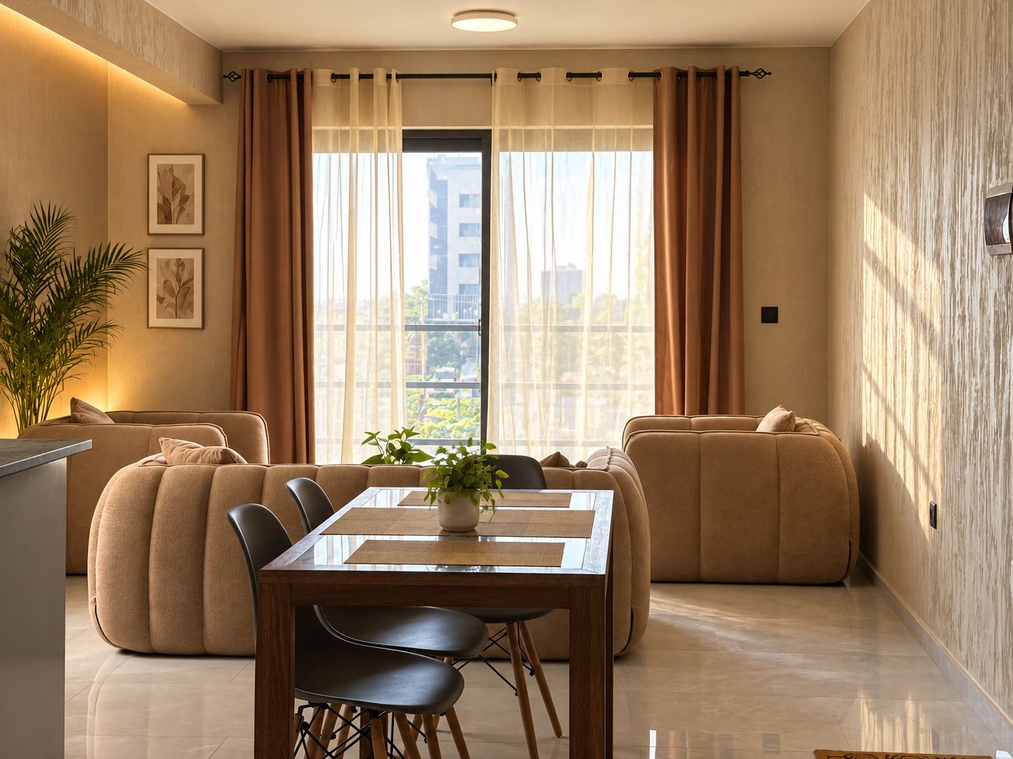 A modern living room with a sofa set, a dining table with chairs, a potted plant, and a view through a large window.