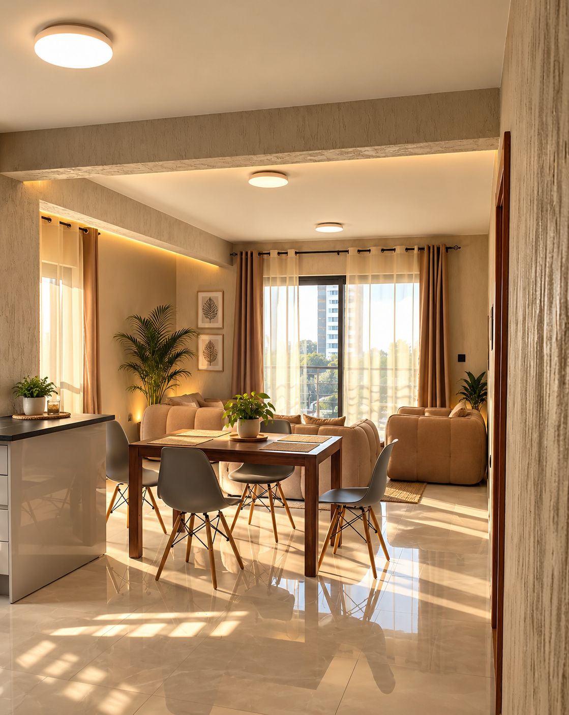 A modern living room with a dining area, large windows, and a view of the city.