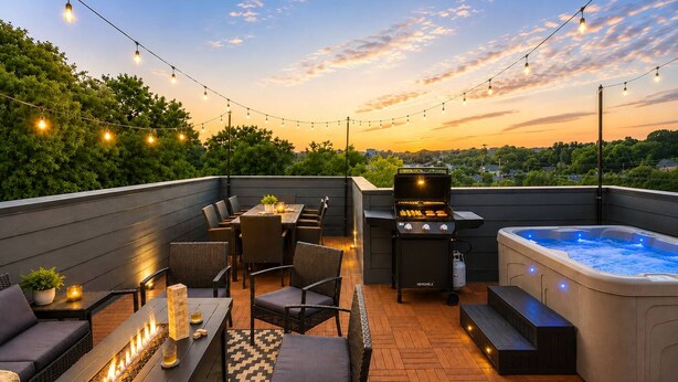 An outdoor patio with a grill, seating area, and a hot tub. - Rooftop Rodeo • Hot Tub, FirePit • 3mi to Broadway (Nashville)