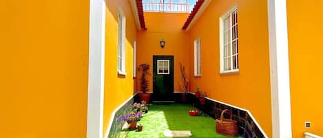 A corridor with a green artificial lawn, steps leading to a door, and potted plants.