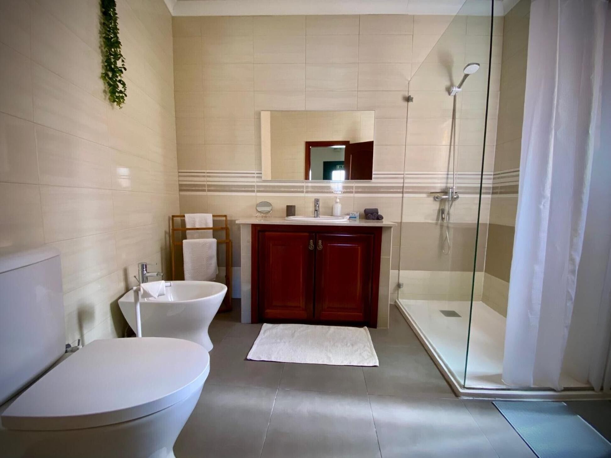 Een badkamer met toilet, bidet en een douchecabine.