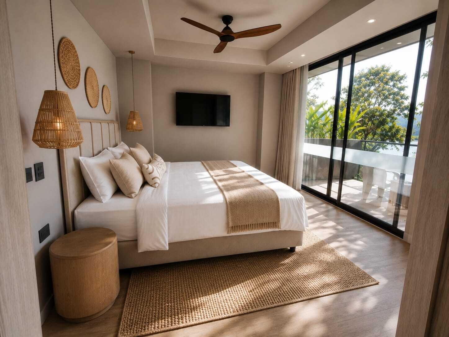 Un dormitorio moderno con una cama grande, ventilador de techo, televisión de pantalla plana y vistas a zonas verdes a través de amplios ventanales.
