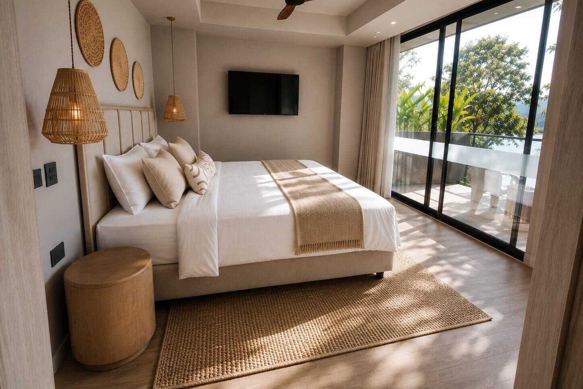 A modern bedroom with a large bed, a ceiling fan, a flat-screen TV, and a view of greenery through large windows.
