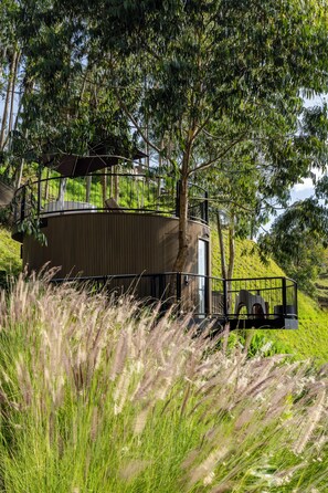 Un edificio moderno con estructura circular, rodeado de vegetación exuberante y hierbas altas.