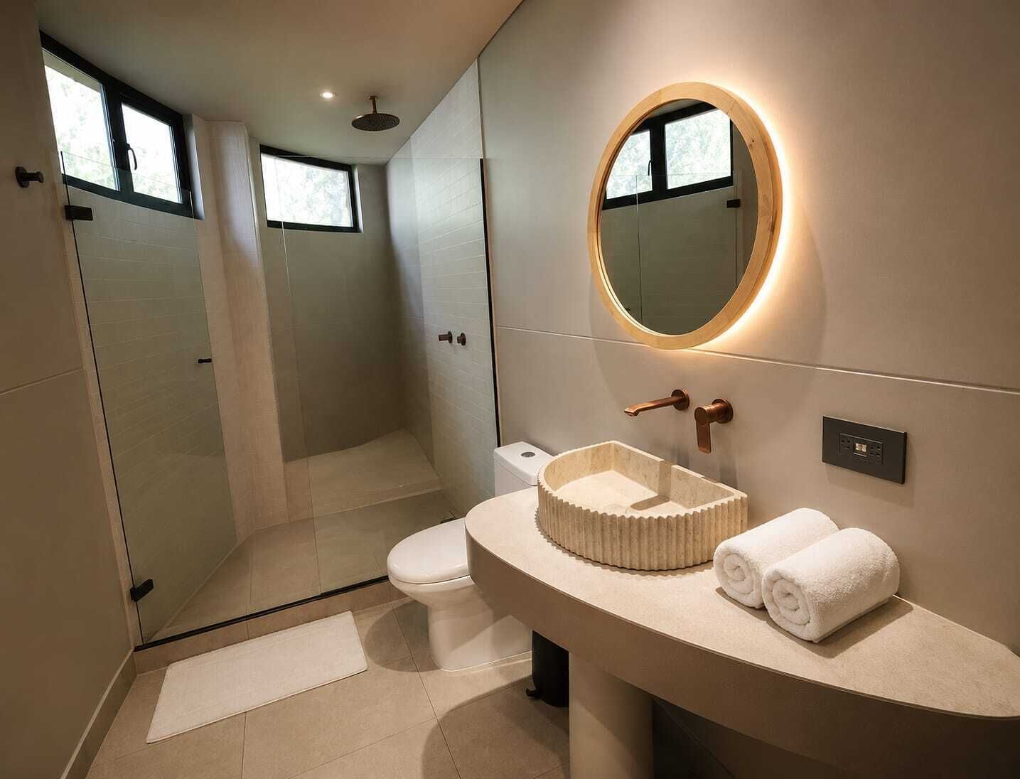 Un baño moderno con ducha envuelta en vidrio, inodoro, lavabo con espejo redondo y dos toallas sobre el mostrador.