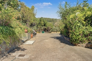 A gravel driveway leading to a house with a stone wall on one side and a metal gate on the other. - Room 'Orama 33' with Sea View, Wi-Fi and Air Conditioning (Εύβοια)
