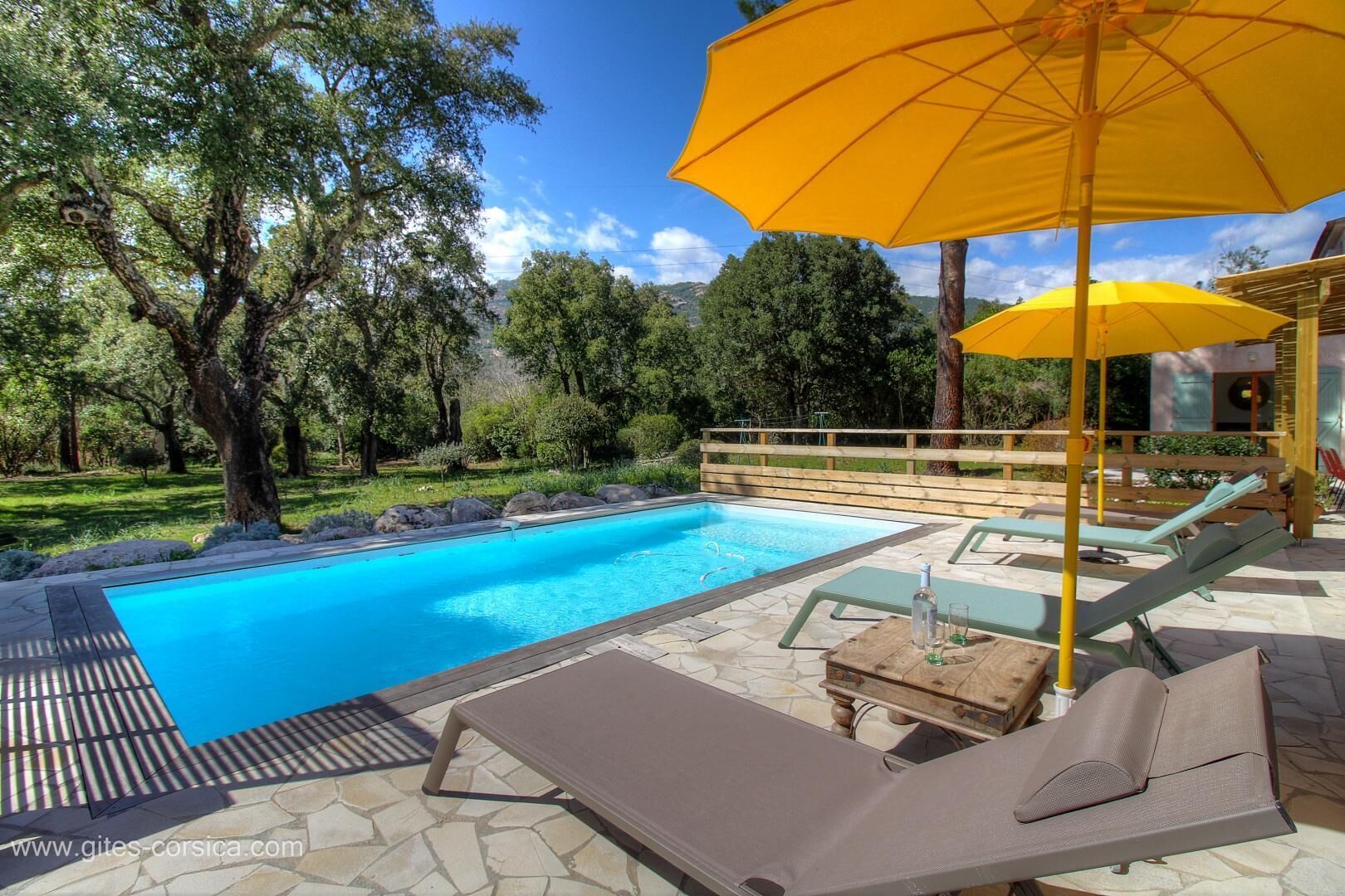 Une piscine entourée d’arbres et dotée d’une terrasse en bois, avec des chaises longues et des parasols à proximité.