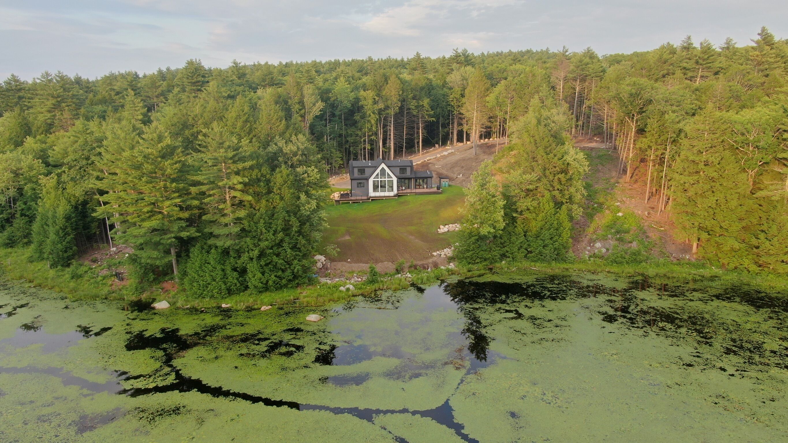 A cabin surrounded by dense forest, a pond with green algae, and a clear sky.