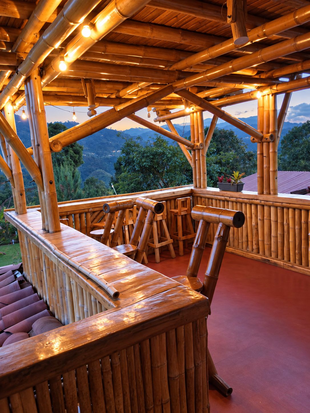Estrutura de bambu com deck de madeira e área de estar, com vista para uma paisagem montanhosa.