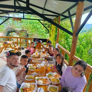 Un grupo de personas cenando en una mesa de madera al aire libre, con diversos platos y bebidas, rodeado de abundante follaje y una estructura de techo metálico.