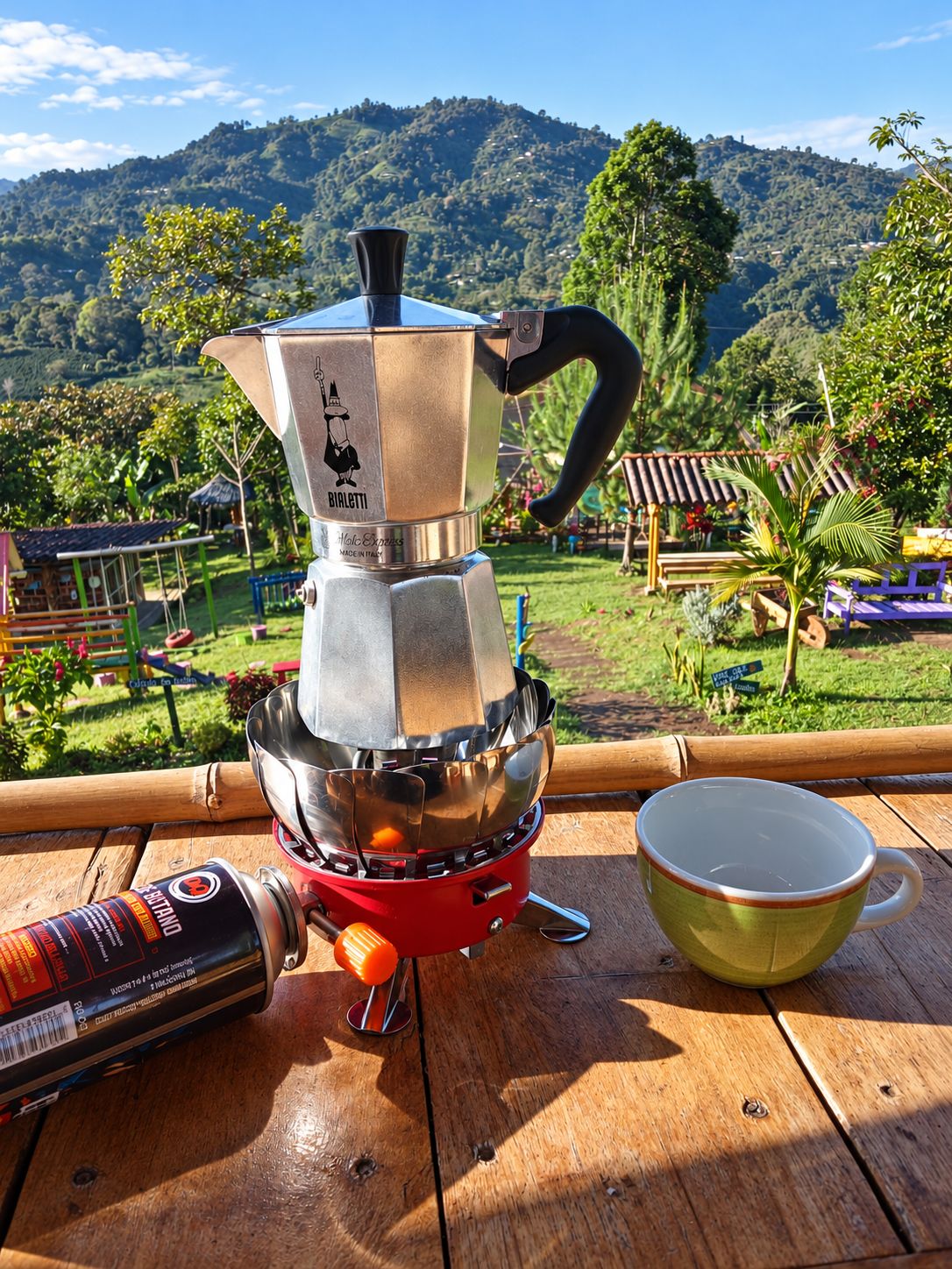 A BIALETTI coffee maker on a wooden table with a cup and a can of energy drink beside it, set against a backdrop of a lush garden and a mountain.